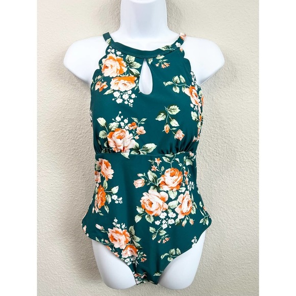 Cupshe Other - NWT Cupshe Teal Floral Scalloped Crisscross One Piece Swimsuit Women's XL